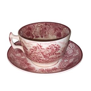 Enoch Woods English Scenery Pink Woods Ware By Woods & Sons Teacup & Saucer